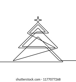 Continuous line drawing of christmas tree, Black and white vector minimalistic linear illustration made of one line