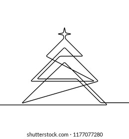 Continuous line drawing of christmas tree, Black and white vector minimalistic linear illustration made of one line