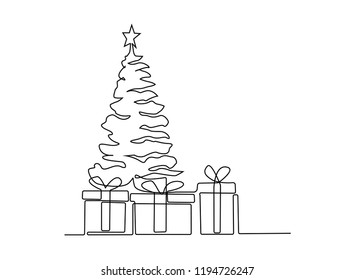 continuous line drawing of christmas tree and Gift Box vector illustration