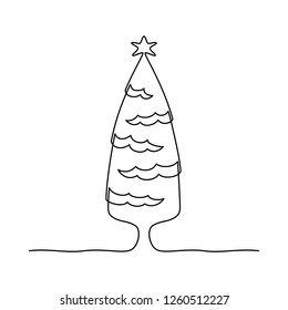 Continuous line drawing. Christmas tree. Black isolated on white background. Hand drawn vector illustration. 