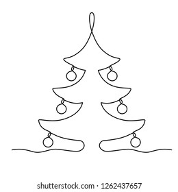 Continuous line drawing. Christmas tree. Black isolated on white background. Hand drawn vector illustration. 