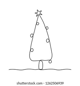 Continuous line drawing. Christmas tree. Black isolated on white background. Hand drawn vector illustration. 