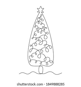 Continuous line drawing. Christmas tree with decorations. Coniferous tree with festive garland. Fir-tree of simple shape. Black isolated on white background. Hand drawn vector illustration.