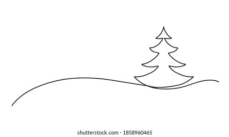 Continuous line drawing of christmas tree, Black and white vector minimalistic linear illustration made of one line. Continuous line drawing of christmas tree, Black and white vector minimalistic line