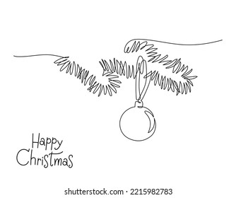 Continuous line drawing Christmas tree branch with decoration ball, Concept of Christmas. Holiday, New year. Vector design illustration on white background.