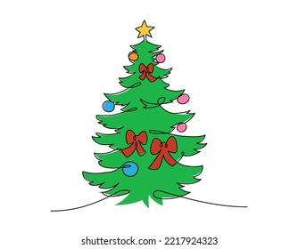 Continuous line drawing christmas tree and fireball, ribbons, color, Concept of Christmas. Holiday, New year.
 Vector design illustration on white background.