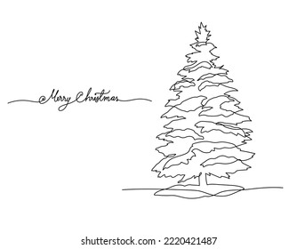 Continuous line drawing christmas tree with snow covered and greeting merry christmas handwriting, Concept of Christmas. Holiday, New year.
 Vector design illustration on black background.