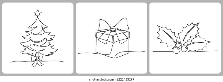 Continuous line drawing christmas tree, gift box, holly berry leaves. Concept of Christmas. Holiday, New year.
 Vector design illustration on white background.