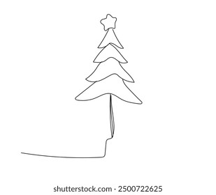 Continuous line drawing of Christmas tree star. Festive design for print, banner, poster, postcard, New Year greeting card. Winter holiday freehand drawing. Hand drawn linear icon. 