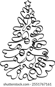 Desenho de linha contínua da árvore de Natal. Mão desenhada com ilustração vetorial sem inteligência artificial