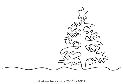Continuous line drawing christmas tree and greeting merry christmas handwriting, Concept of Christmas. Holiday, New year.Vector design illustration on white background.