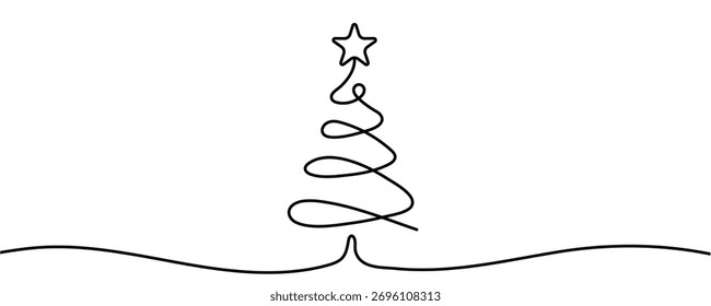 Continuous line drawing of a Christmas tree with a star on top. Festive pine tree and gift box in a simple line style. Vector illustration.