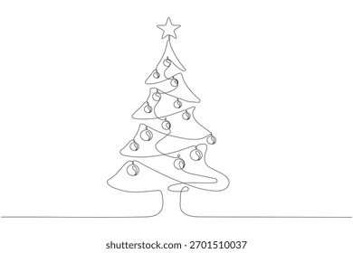 Continuous Line Drawing of Christmas Tree with Ornaments and Star. Suitable for design template winter holiday banner and invitation cards, editable stroke