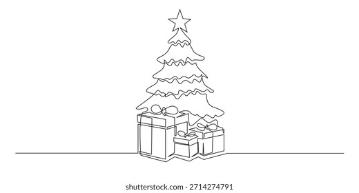 Continuous line drawing of a Christmas tree with several gift boxes.
One line drawing illustrating a Christmas tree and presents to symbolize holiday celebration, joy, family, and giving.