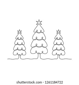Continuous line drawing. Christmas trees. Black isolated on white background. Hand drawn vector illustration. 