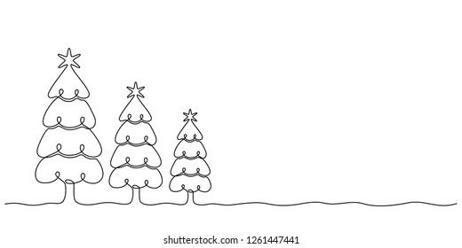 Continuous line drawing. Christmas trees. Black isolated on white background. Hand drawn vector illustration. 