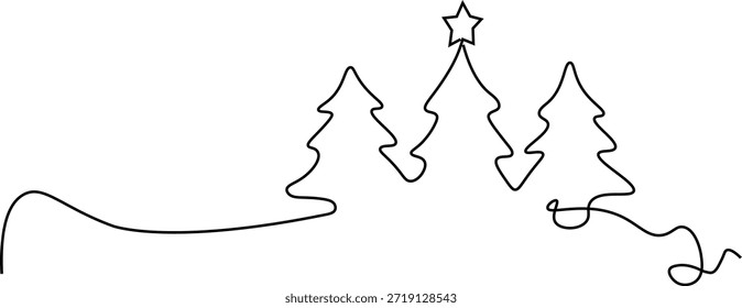 Dibujo de línea continua de árboles de Navidad con estrella. Arte vectorial minimalista de Festiva.