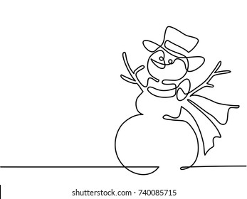 Continuous line drawing  Christmas winter Snowman in scarf  Vector illustration
