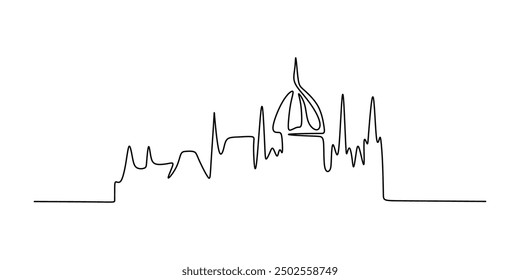 Continuous line drawing of a church building with a chapel. A simple, linear depiction of a vintage religious cathedral.