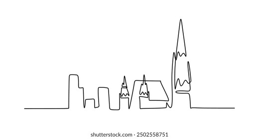 Continuous line drawing of a church building with a chapel. A simple linear style depiction of a Catholic and Christian house of worship.