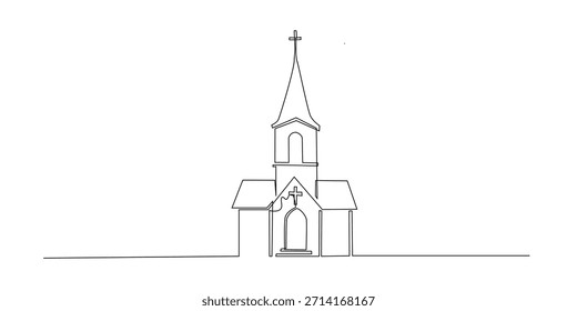 Dibujo de línea continua de un edificio de la iglesia con una cruz en la parte superior. Un dibujo de línea representa la fe, la espiritualidad, la adoración, la arquitectura y una atmósfera sagrada pacífica.