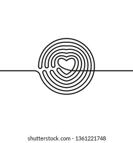 Continuous line drawing of circle transformed in heart, Black and white vector minimalist illustration of love concept made of one line