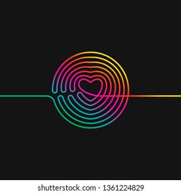 Continuous line drawing of circle transformed in heart, Vivid gradient colors on black background vector minimalistic linear illustration of love concept made of one line