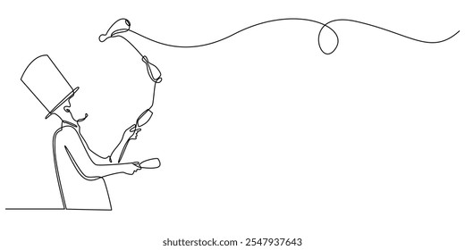 Dibujo de línea continua de hombre de circo haciendo malabares con palillos de pin. Dibujo de una línea de artistas de circo que realizan acrobacias. Ilustración vectorial de una sola línea del concepto de vacaciones para niños. Fondo blanco aislado