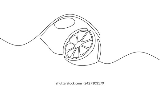 Continuous line drawing citrus fruit. Healthy food natural organic concept. Slice of lemonade Vector illustration editable stroke.