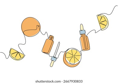 Kontinuierliche Linienzeichnung von Zitrusfrüchten und Hautpflegeflaschen symbolisiert die natürliche Hautpflege in einem Gesundheitskonzept für den National Clean Beauty Day, die organische Schönheit und umweltfreundlichen Lebensstil fördert.
