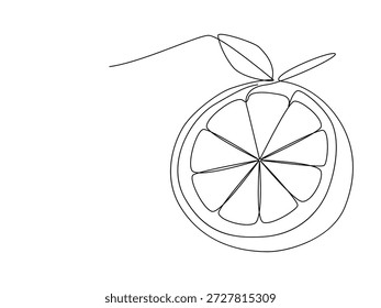 Eine durchgehende Linienzeichnung einer Zitrusorange oder Zitronenscheibe mit Blättern in einem minimalistischen Grafikstil.