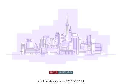 Continuous line drawing of city skyline. Template for your design. Vector illustration.