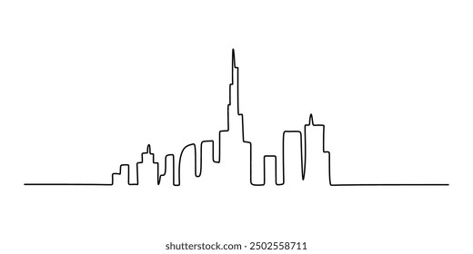 Continuous line drawing of a city skyline in the United Arab Emirates. Features landmarks in a stylish, editable stroke design.