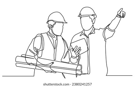 continuous line drawing of civil engineer building Construction. civil engineer giving instruction to builders on Building architecture business concepts.
