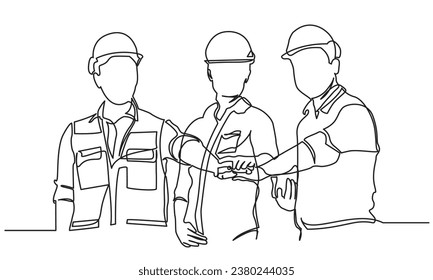 continuous line drawing of civil Engineer team to join hands together, accept agree cooperation and success concept.vector single line.