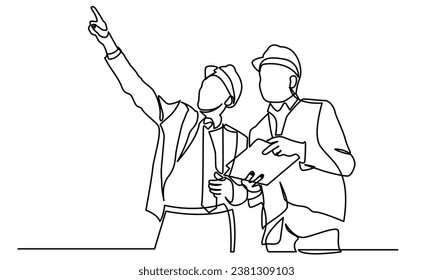 trazado continuo de líneas del edificio de ingeniería civil Construcción. ingeniero civil dando instrucciones a los constructores sobre la construcción de conceptos empresariales de arquitectura.