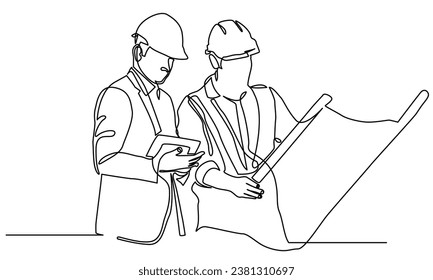 continuous line drawing of civil engineer building Construction. civil engineer giving instruction to builders on Building architecture business concepts.