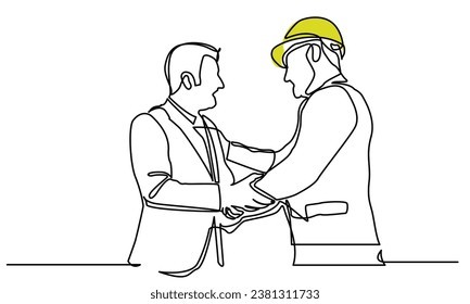 continuous line drawing of civil engineer building Construction. civil engineer giving instruction to builders on Building architecture business concepts.