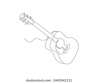 Continuous line drawing of classic acoustic guitar. One line of guitar acoustic. Modern stringed music instruments concept continuous line art. Editable outline.
