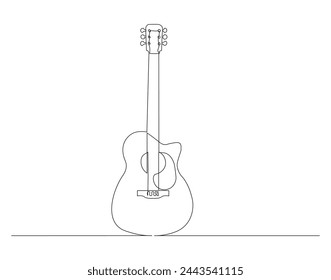 Continuous line drawing of classic acoustic guitar. One line of guitar acoustic. Modern stringed music instruments concept continuous line art. Editable outline.
