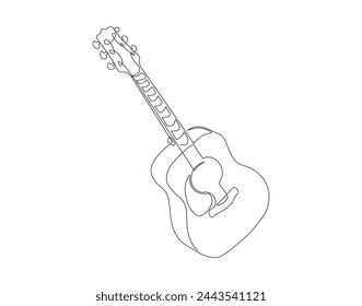 Continuous line drawing of classic acoustic guitar. One line of guitar acoustic. Modern stringed music instruments concept continuous line art. Editable outline.
