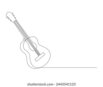 Continuous line drawing of classic acoustic guitar. One line of guitar acoustic. Modern stringed music instruments concept continuous line art. Editable outline.
