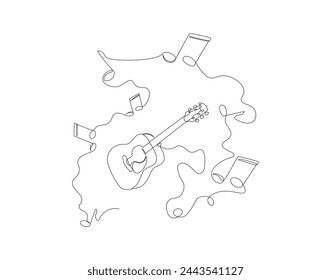 Continuous line drawing of classic acoustic guitar. One line of guitar acoustic. Modern stringed music instruments concept continuous line art. Editable outline.
