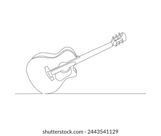 Continuous line drawing of classic acoustic guitar. One line of guitar acoustic. Modern stringed music instruments concept continuous line art. Editable outline.
