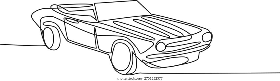 Desenho de linha contínua de um carro conversível clássico apresentando design minimalista e elegância automotiva