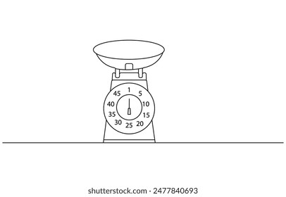 
Concepto de escala de cocina clásica de dibujo de línea continua, un dibujo de línea de equilibrio de la ley y escala de justicia, dibujo de línea continua de escalas de cocina. Ilustración vectorial esquemática de escala de alimentos