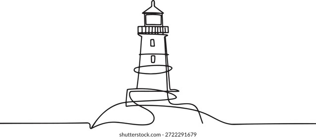 Desenho de linha contínua de estrutura de farol clássico em pé na colina. Uma única arte de linha de uma torre de farol alto para navegação costeira e orientação marinha. Esquema minimalista representando a segurança marítima e um famoso marco litorâneo.