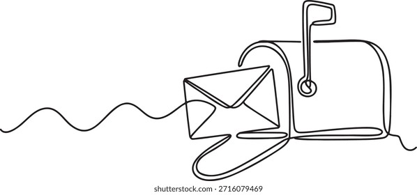 Dibujo de línea continuo de un buzón abierto clásico con un sobre de letras en el interior. Ilustración de arte de una sola línea de comunicación y correspondencia. Icono de servicio postal minimalista. Elemento de diseño de contorno gráfico para entrega o concepto de correo electrónico. Ilustración vectorial simple sobre fondo transparente.