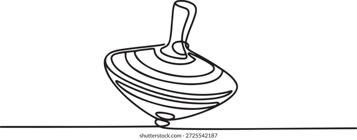 Continuous line drawing of a classic spinning top toy, capturing its dynamic motion. This single line art illustration evokes concepts of childhood play, entertainment, and kinetic energy. The minimalist design represents simplicity, nostalgia, and fun. Traditional wooden or plastic spinning top for games and leisure.