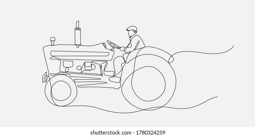 Continuous Line drawing of a classic tractor with old man on the road